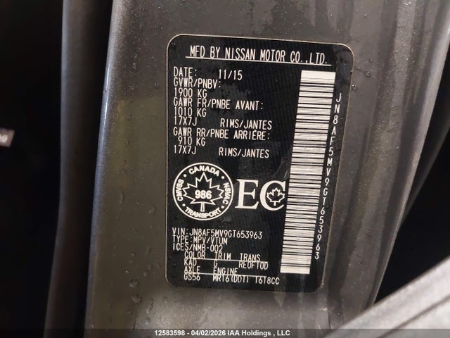 12583598 :رقم المزاد ، JN8AF5MV9GT653963 vin ، 2016 Nissan Juke S/sv/sl/nismo مزاد بيع