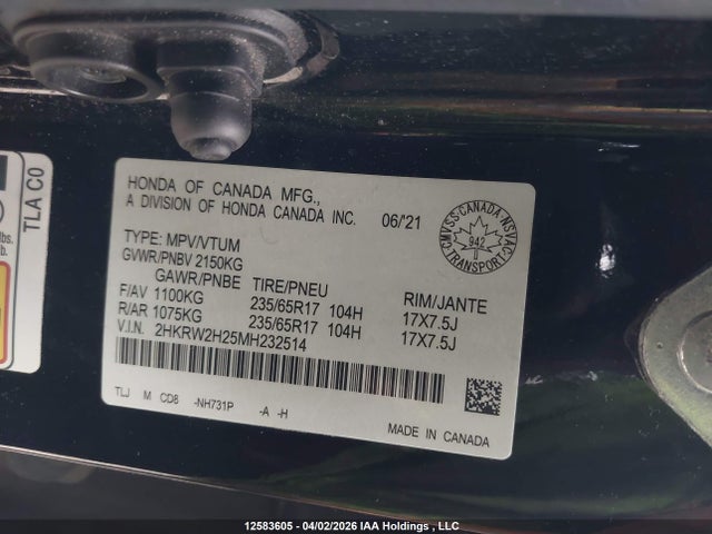 2HKRW2H25MH232514 Honda CR-V LX