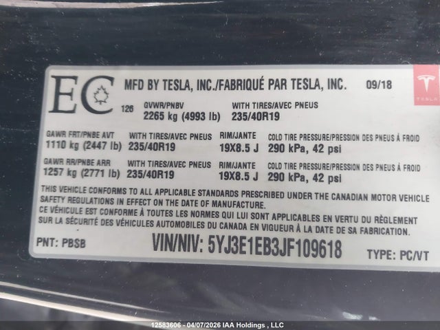 12583606 :رقم المزاد ، 5YJ3E1EB3JF109618 vin ، 2018 Tesla Model 3 مزاد بيع