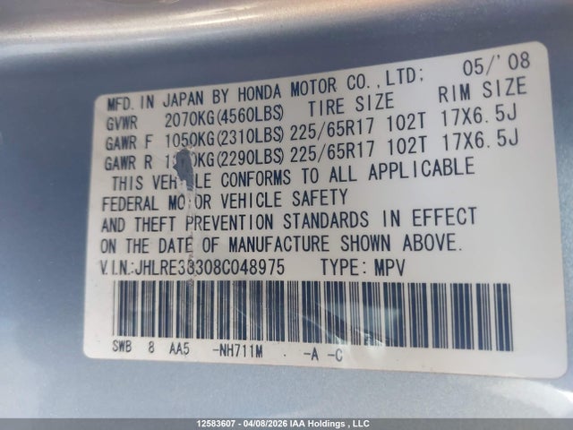 Aukcja sprzedaży 2008 Honda Cr-v Lx, vin: JHLRE38308C048975, numer aukcji: 12583607