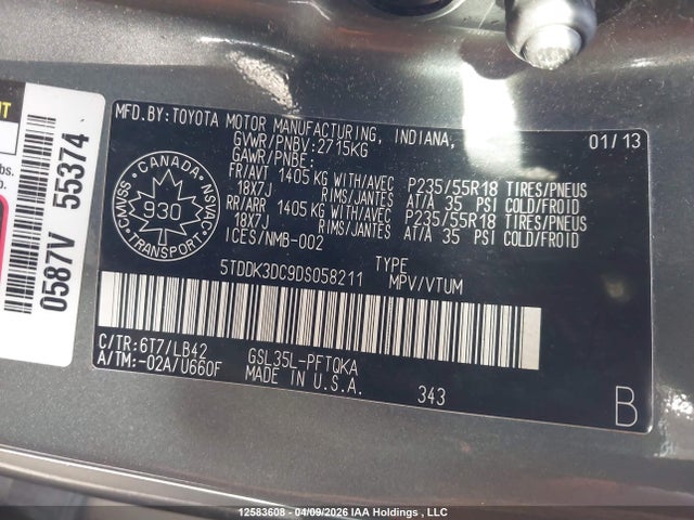 12583608 :رقم المزاد ، 5TDDK3DC9DS058211 vin ، 2013 Toyota Sienna Xle 7 Passenger مزاد بيع