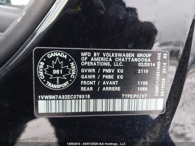 12583610 :رقم المزاد ، 1VWBN7A32EC079315 vin ، 2014 Volkswagen Passat Se مزاد بيع
