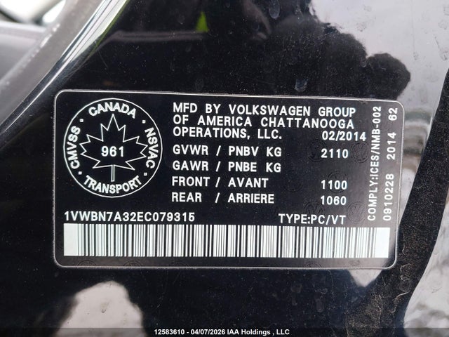 12583610 :رقم المزاد ، 1VWBN7A32EC079315 vin ، 2014 Volkswagen Passat Se مزاد بيع