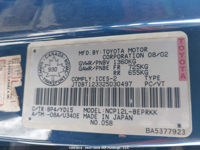 12583614 :رقم المزاد ، JTDBT123325030497 vin ، 2002 Toyota Echo مزاد بيع