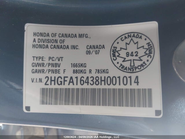 Aukcja sprzedaży 2008 Honda Civic Dx-g, vin: 2HGFA16438H001014, numer aukcji: 12583624