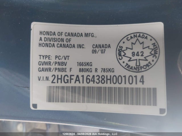 Aukcja sprzedaży 2008 Honda Civic Dx-g, vin: 2HGFA16438H001014, numer aukcji: 12583624
