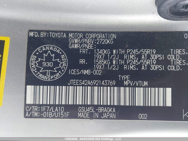 Продаж на аукціоні авто 2009 Toyota Highlander Limited, vin: JTEES42A692143769, номер лоту: 12583626