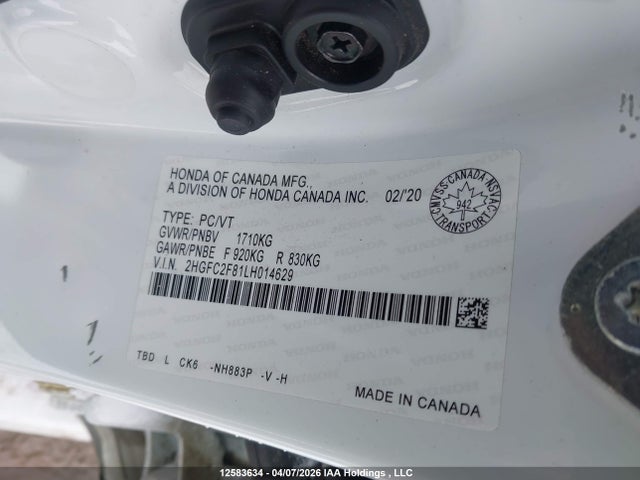 12583634 :رقم المزاد ، 2HGFC2F81LH014629 vin ، 2020 Honda Civic Sport مزاد بيع