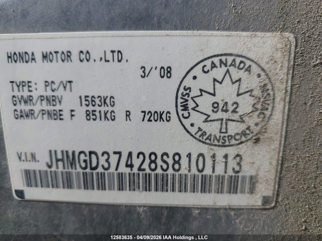 Aukcja sprzedaży 2008 Honda Fit, vin: JHMGD37428S810113, numer aukcji: 12583635