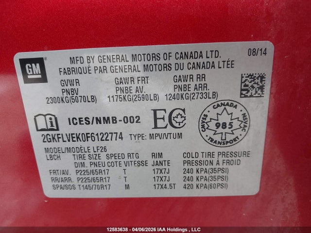 2GKFLVEK0F6122774 GMC Terrain Sle