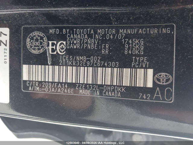 2007 Toyota Matrix Xr მანქანა იყიდება აუქციონზე, vin: 2T1KR32E97C674303, აუქციონის ნომერი: 12583640