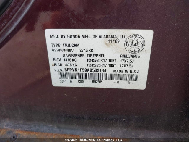 Продаж на аукціоні авто 2010 Honda Ridgeline Rtl, vin: 5FPYK1F59AB502134, номер лоту: 12583651
