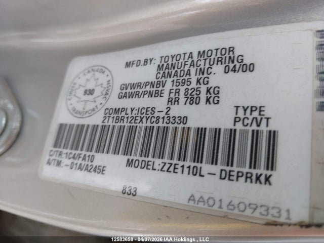 Продаж на аукціоні авто 2000 Toyota Corolla Ve/ce/le, vin: 2T1BR12EXYC813330, номер лоту: 12583658