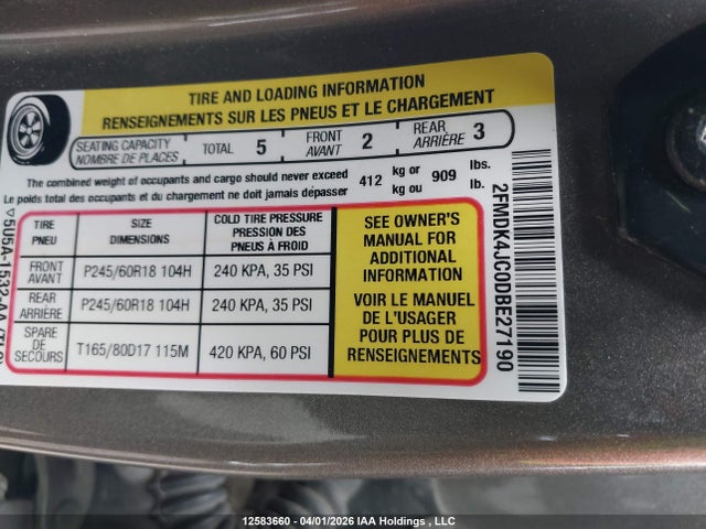 2013 Ford Edge Sel მანქანა იყიდება აუქციონზე, vin: 2FMDK4JC0DBE27190, აუქციონის ნომერი: 12583660