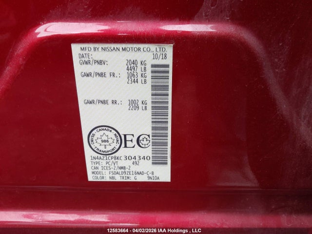 1N4AZ1CP8KC304340 Nissan Leaf S/sl/sv