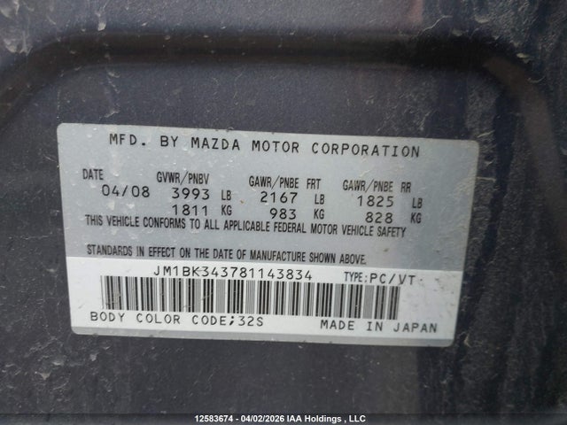 2008 Mazda Mazda3 Gs/gt მანქანა იყიდება აუქციონზე, vin: JM1BK343781143834, აუქციონის ნომერი: 12583674
