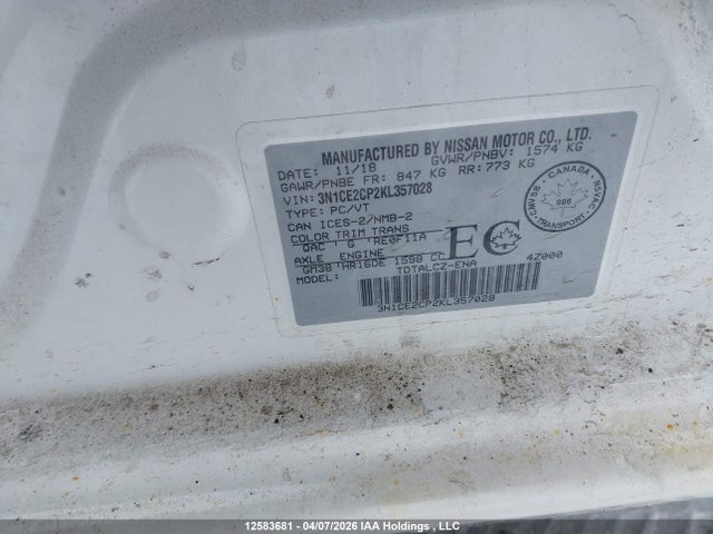 12583681 :رقم المزاد ، 3N1CE2CP2KL357028 vin ، 2019 Nissan Versa Note S/sr/sv مزاد بيع