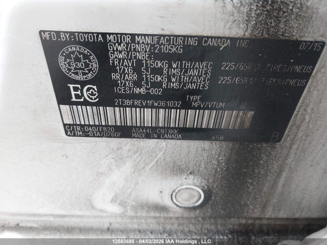 2015 Toyota Rav4 Le მანქანა იყიდება აუქციონზე, vin: 2T3BFREV1FW361032, აუქციონის ნომერი: 12583685