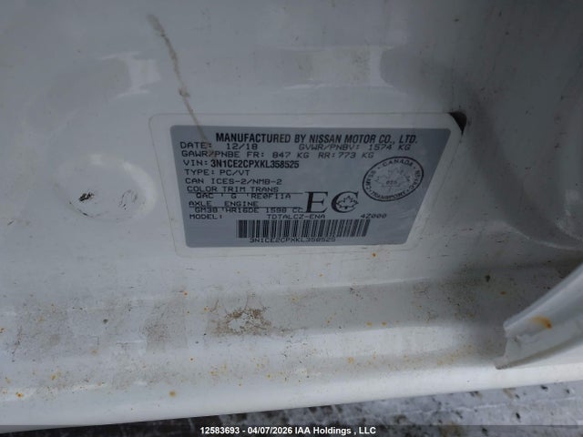 12583693 :رقم المزاد ، 3N1CE2CPXKL358525 vin ، 2019 Nissan Versa Note S/sr/sv مزاد بيع