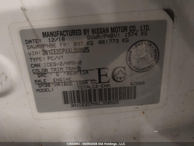 12583693 :رقم المزاد ، 3N1CE2CPXKL358525 vin ، 2019 Nissan Versa Note S/sr/sv مزاد بيع