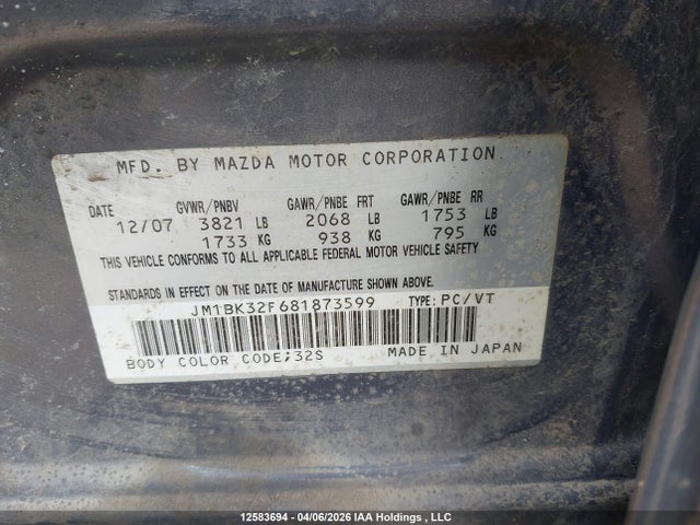 Aukcja sprzedaży 2008 Mazda Mazda3, vin: JM1BK32F681873599, numer aukcji: 12583694