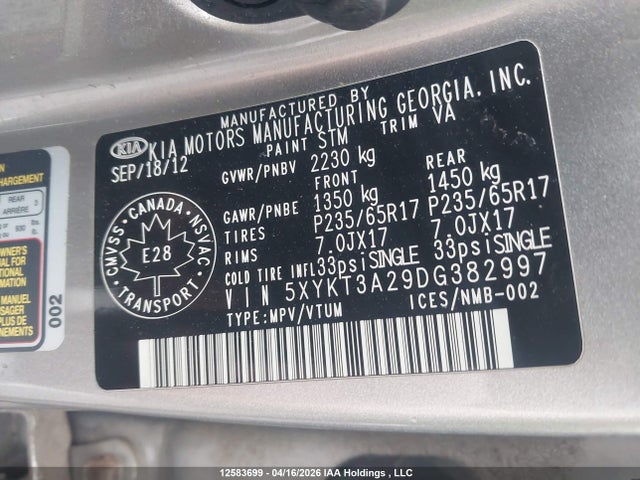2013 Kia Sorento Lx V6 მანქანა იყიდება აუქციონზე, vin: 5XYKT3A29DG382997, აუქციონის ნომერი: 12583699