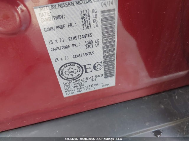 5N1AT2MV1EC821543 Nissan Rogue S/sl/sv