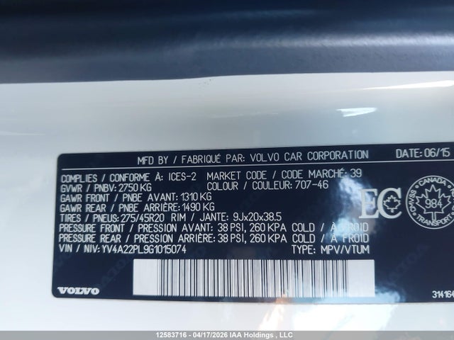 YV4A22PL9G1015074 Volvo Xc90 T6 Inscription