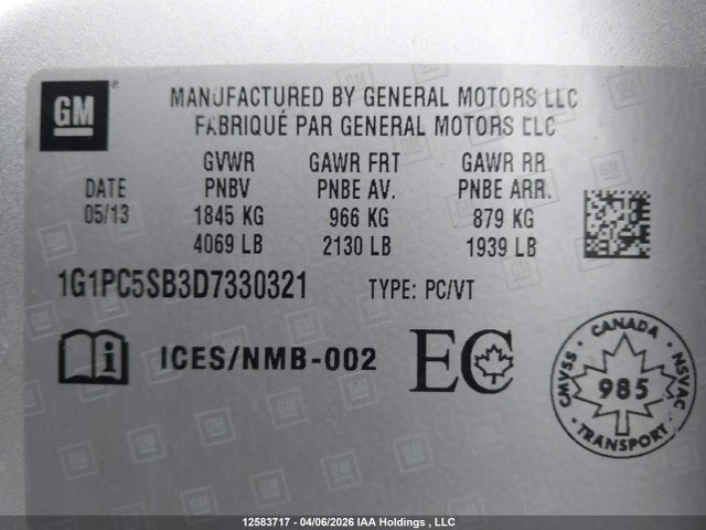 2013 Chevrolet Cruze Lt მანქანა იყიდება აუქციონზე, vin: 1G1PC5SB3D7330321, აუქციონის ნომერი: 12583717