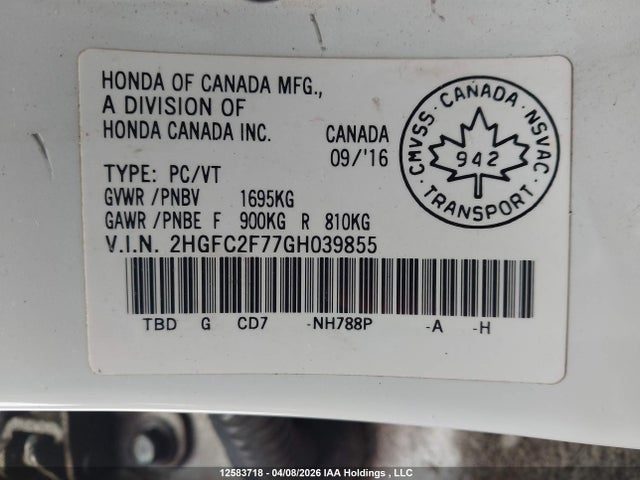 2016 Honda Civic მანქანა იყიდება აუქციონზე, vin: 2HGFC2F77GH039855, აუქციონის ნომერი: 12583718