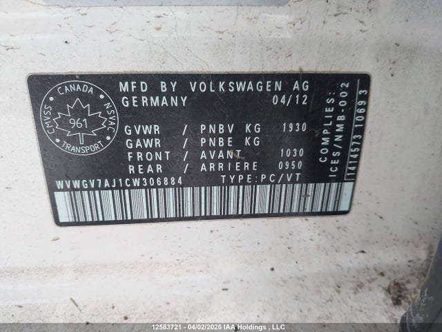 12583721 :رقم المزاد ، WVWGV7AJ1CW306884 vin ، 2012 Volkswagen Golf Gti 5-door مزاد بيع