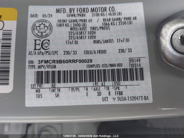 12583725 :رقم المزاد ، 3FMCR9B60RRF00029 vin ، 2024 Ford Bronco Sport Big Bend مزاد بيع