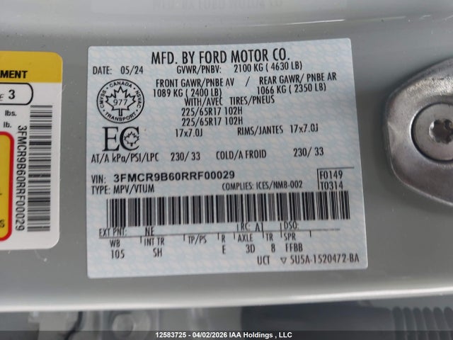 12583725 :رقم المزاد ، 3FMCR9B60RRF00029 vin ، 2024 Ford Bronco Sport Big Bend مزاد بيع