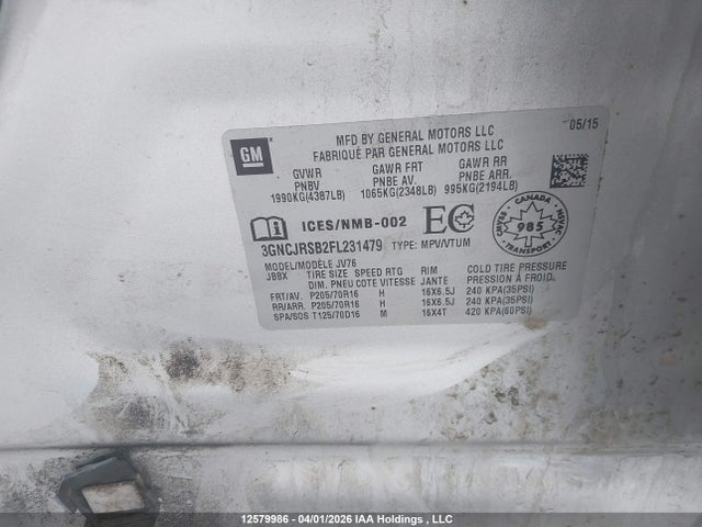 Продаж на аукціоні авто 2015 Chevrolet Trax 1lt, vin: 3GNCJRSB2FL231479, номер лоту: 12579986