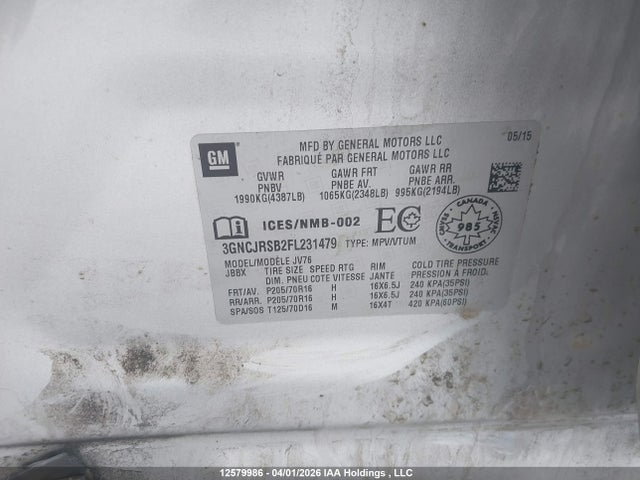 Продаж на аукціоні авто 2015 Chevrolet Trax 1lt, vin: 3GNCJRSB2FL231479, номер лоту: 12579986