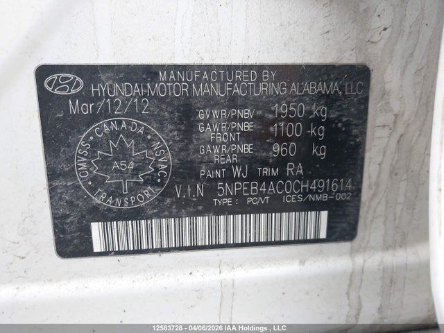 Aukcja sprzedaży 2012 Hyundai Sonata Gl, vin: 5NPEB4AC0CH491614, numer aukcji: 12583728