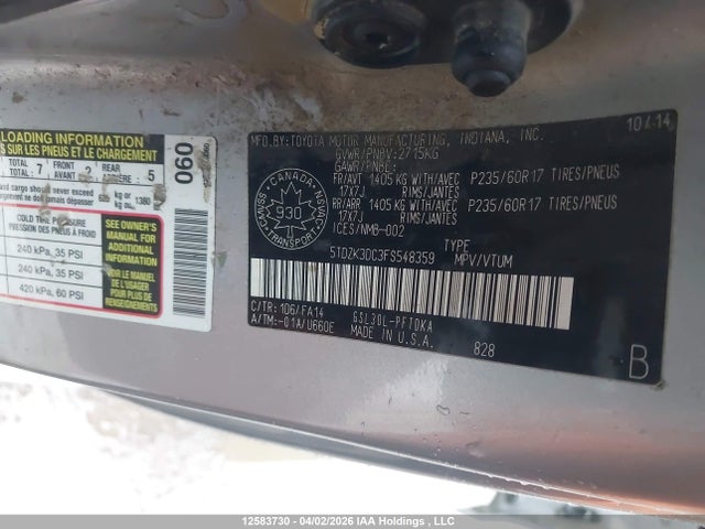 5TDZK3DC3FS548359 Toyota Sienna