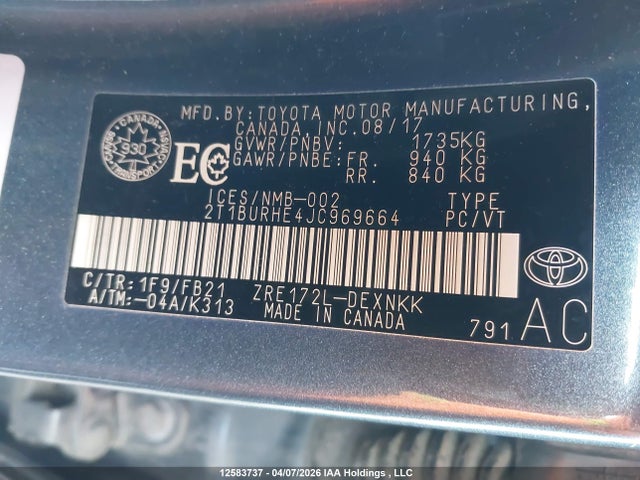 12583737 :رقم المزاد ، 2T1BURHE4JC969664 vin ، 2018 Toyota Corolla L/le/xle/se/xse مزاد بيع