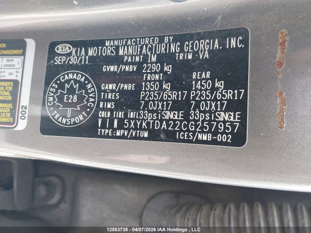 Aukcja sprzedaży 2012 Kia Sorento, vin: 5XYKTDA22CG257957, numer aukcji: 12583738