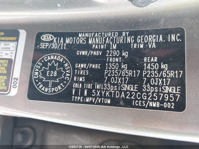 Aukcja sprzedaży 2012 Kia Sorento, vin: 5XYKTDA22CG257957, numer aukcji: 12583738