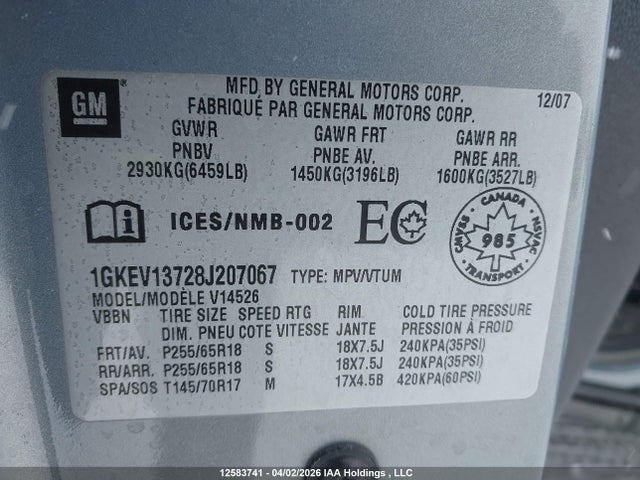 Aukcja sprzedaży 2008 Gmc Acadia Sle, vin: 1GKEV13728J207067, numer aukcji: 12583741