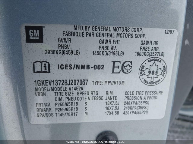 Aukcja sprzedaży 2008 Gmc Acadia Sle, vin: 1GKEV13728J207067, numer aukcji: 12583741