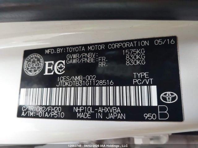 JTDKDTB31G1128516 Toyota Prius C Technology