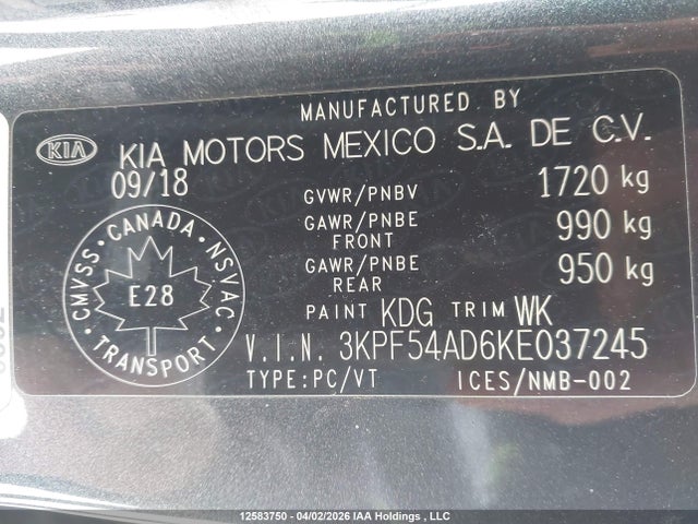 3KPF54AD6KE037245 KIA FORTE EX