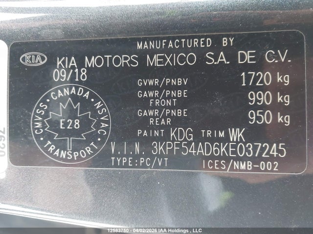 3KPF54AD6KE037245 KIA FORTE EX