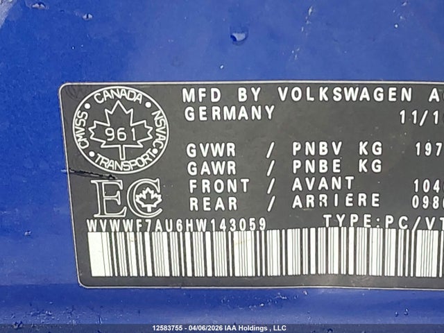 WVWWF7AU6HW143059 Volkswagen Golf R 2.0 Tsi