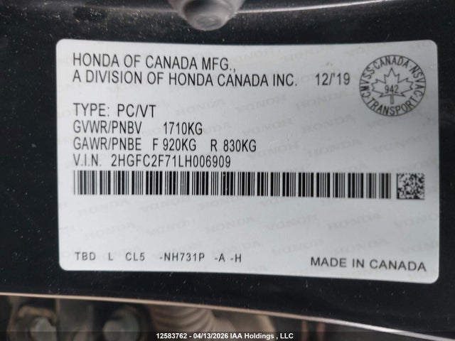 12583762 :رقم المزاد ، 2HGFC2F71LH006909 vin ، 2020 Honda Civic Ex مزاد بيع