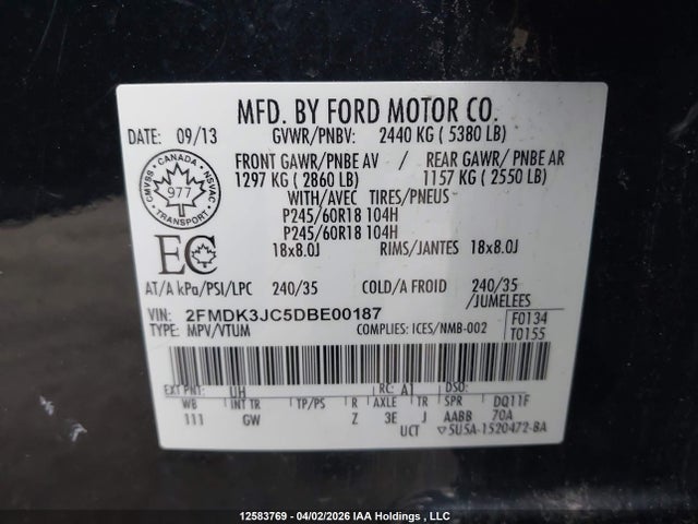 Aukcja sprzedaży 2013 Ford Edge Sel, vin: 2FMDK3JC5DBE00187, numer aukcji: 12583769