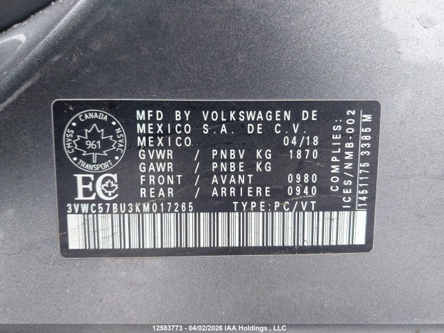 2019 Volkswagen Jetta S/se/r-line მანქანა იყიდება აუქციონზე, vin: 3VWC57BU3KM017265, აუქციონის ნომერი: 12583773