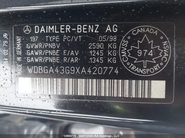 Aukcja sprzedaży 1999 Mercedes-benz S 420, vin: WDBGA43G9XA420774, numer aukcji: 12583776